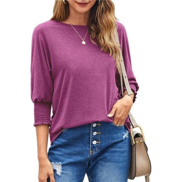 Womens Crew Neck 3/4 Sleeve Tops Loose Fit Shirts Casual Solid Basic Tees Shirt - Picture 1 of 7